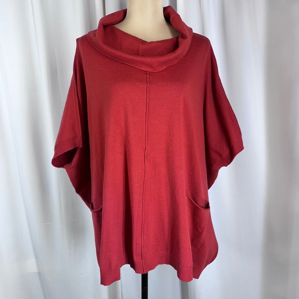 Variations Red Cowl Neck Poncho Sweater Pockets S/M Lagenlook Boho NEW W TAGS - Picture 2 of 9